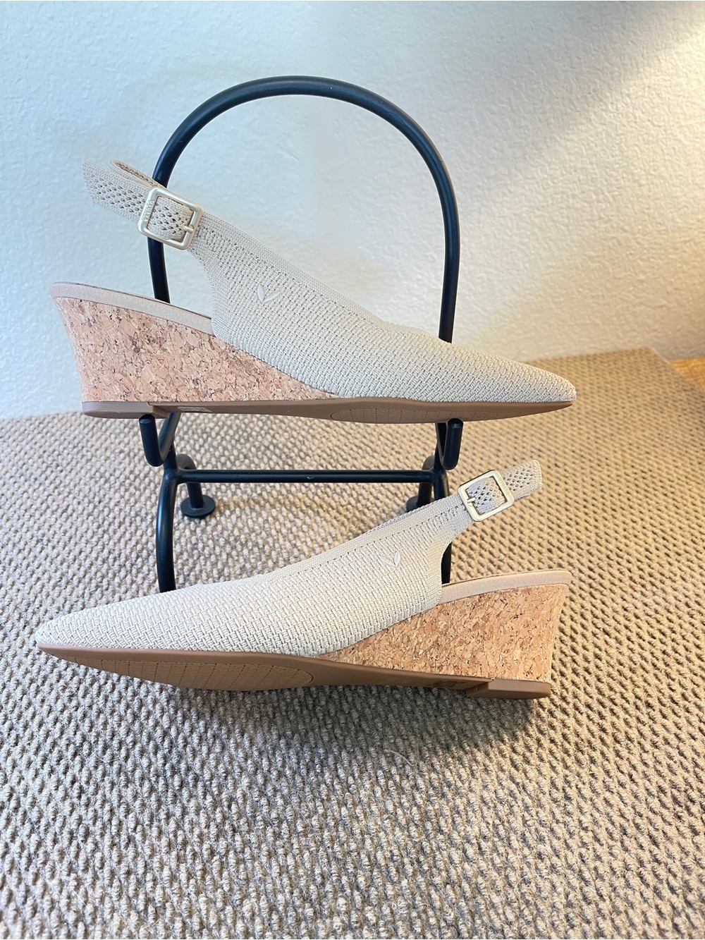 Beige Knit Slingback Cork Wedge Heels - Women's Pointed Toe